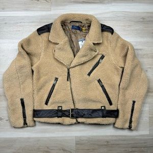 Polo Ralph Lauren Sherpa/Leather Belted Moto Biker Jacket - Beige/Brown - Size M